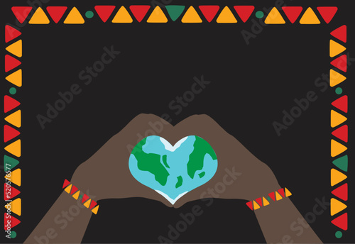 Hands with a Heart shaped Globe  with Tribal Motif Frame. Editable Clip Art. photo