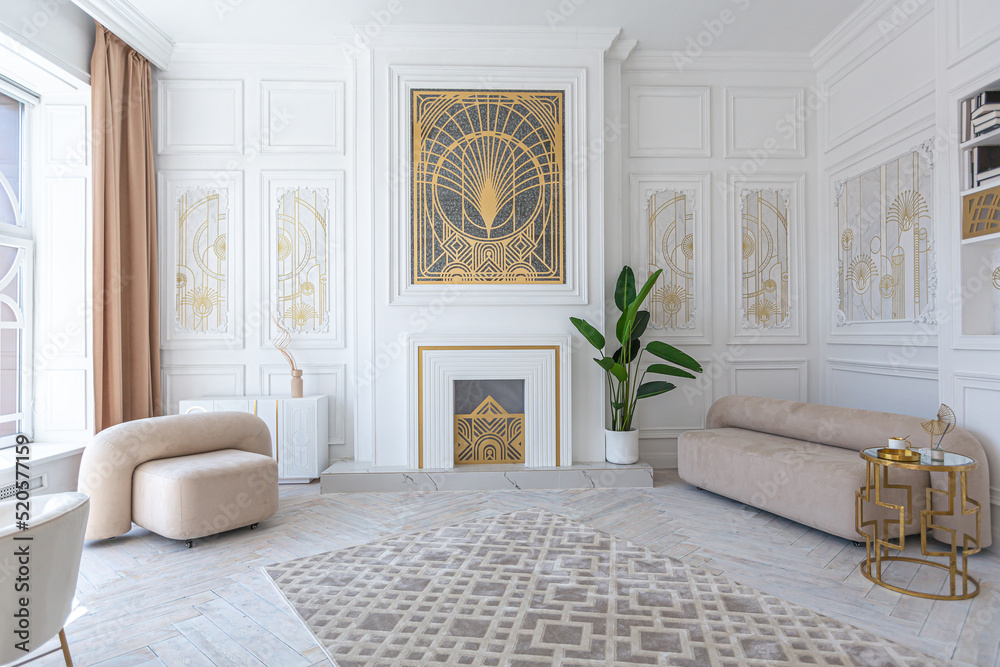 snow-white luxury apartment interior with Egyptian-style decor with light stylish furniture. huge panoramic windows and an archway. minimalism and simplicity with the elegance of modern housing design