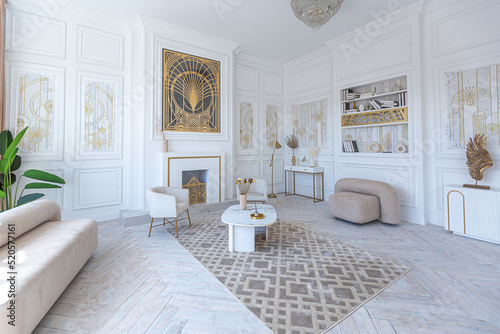 snow-white luxury apartment interior with Egyptian-style decor with light stylish furniture. huge panoramic windows and an archway. minimalism and simplicity with the elegance of modern housing design © 4595886