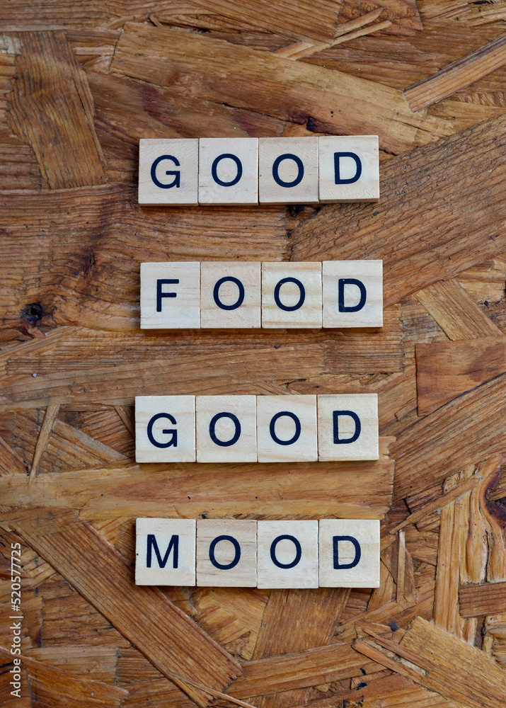 good food goo mood text on wooden square, health and fitness quotes good food goo mood text on wooden square, health and fitness quotes