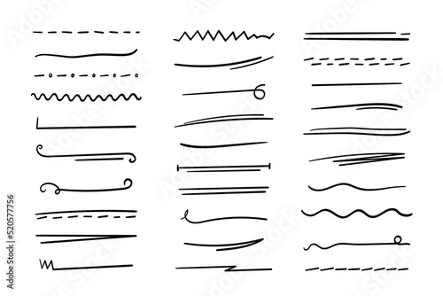 Handmade underlines set. Hand-drawn dividers, separators, borders, collection of doodle style various art elements for text decoration. Isolated. Vector illustration