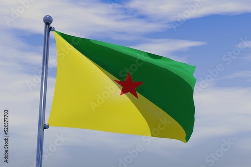 3D illustration of waving flag of French Guiana with a chrome flag pole on blue sky background