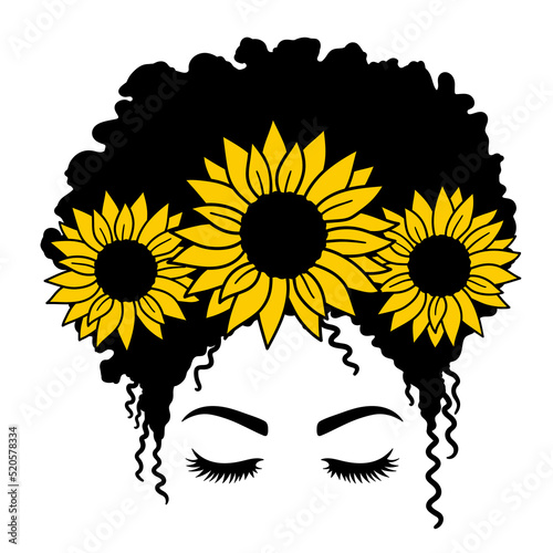 Woman face with eyelashes and sunflowers. Afro Women. Messy Bun Mom Lifestyle. Vector illustration.  Isolated on white background. Good for posters, t shirts, postcards.