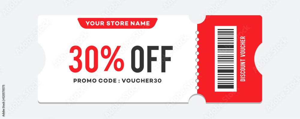 Discount voucher 30 percent vector, gift coupon template. White coupon ...
