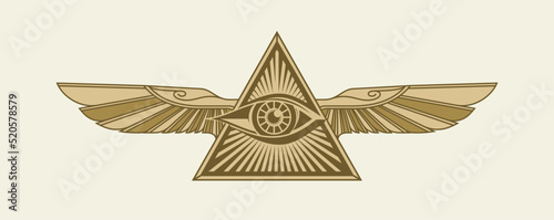 Horus with wings vector. Ancient Egypt vintage art hipster line art Illustration vector with eye of horus with Sacred scarab wings wall art design in outline simple minimal design