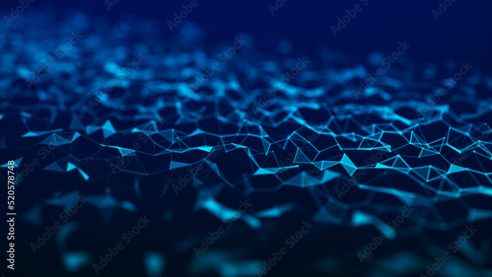 Obraz premium Futuristic glowing wave. The concept of big data. Network connection. Cybernetics. Abstract dark background of blue lines and triangles connected by dots. 3d rendering.
