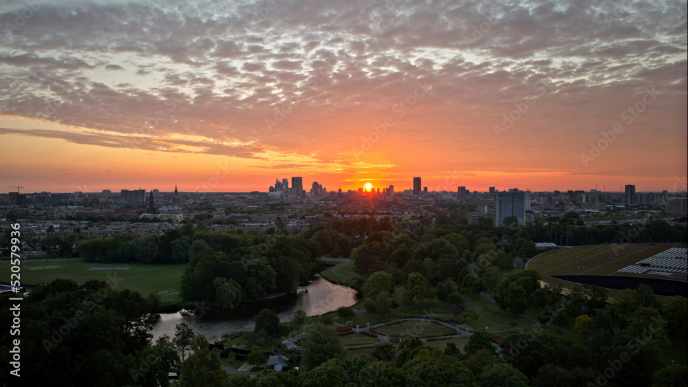 Sunrise behind the skyline of The Hague, Netherlands (taken above the zuiderpark)