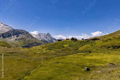 Aerial view of a very large and majestic alpine landscape in the Lord of the Rings style. In the midground is a small alpine village composed mainly of alpine pastures. Some high mountains in the photo