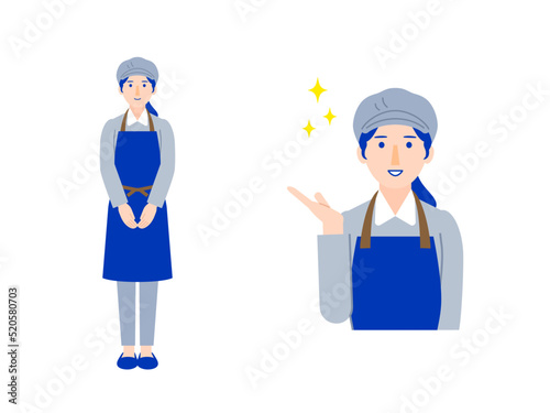 帽子をかぶったショップスタッフ 全身と上半身の女性イラスト1