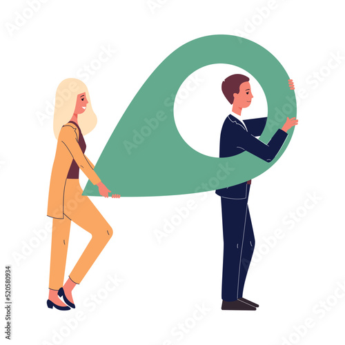 Business people or office colleagues carry a map pointer, flat vector isolated.