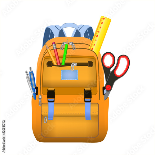 Realistic school bag with stationery. Orange backpack for college students. Color equipment with pencils, pens, scissors and  ruler.