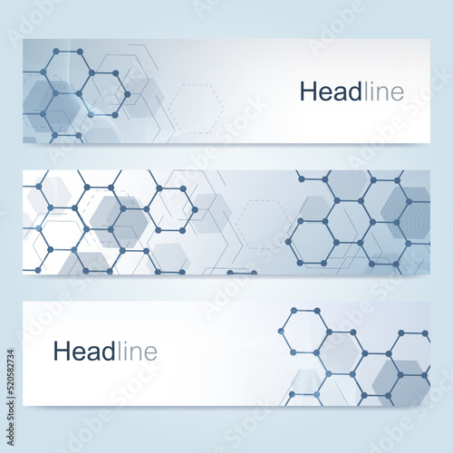 Scientific set of modern vector banners. DNA molecule structure with connected lines and dots. Scientific and technology concept. Wave flow graphic background for your design. Vector illustration.