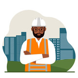 Smiling man constructor against the backdrop of the city and high apartment buildings. Vector