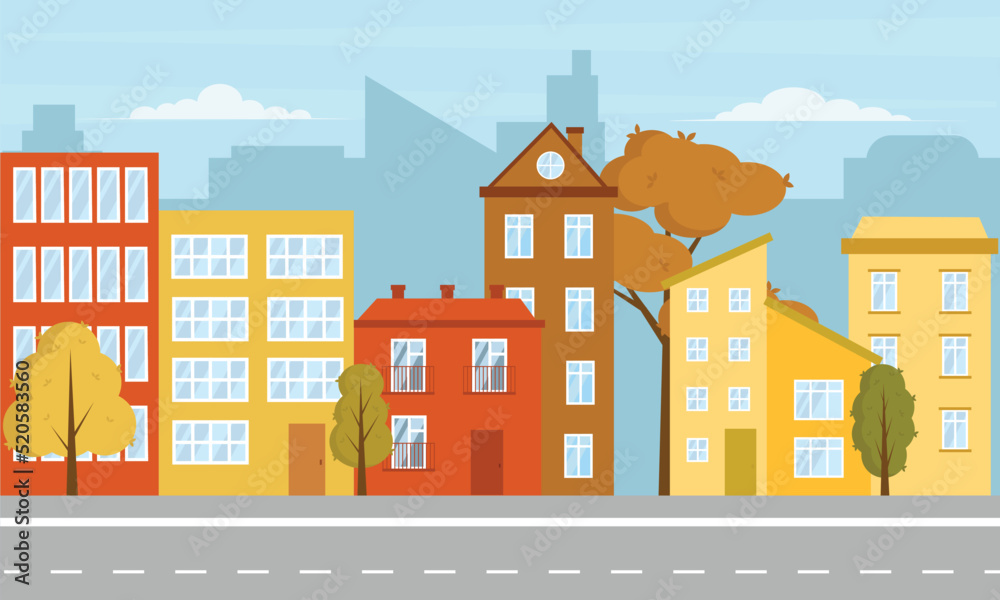 Cartoon illustration of City building houses with road. Flat design. Autumn in city on the street