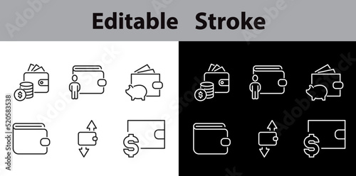 Set of Wallet Related Vector Line Icons. Contains such Icons as Top up or Withdraw Funds, currency wallet, Money Transfer, Payment and more. Editable Stroke. Pixel Perfect.