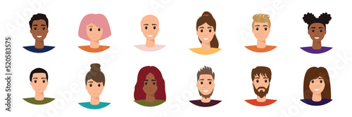 Set different person portrait of big diverse business team vector flat illustration. Collection of people avatars isolated. Bundle of joyful smiling colleagues. Man and woman faces at round frame
