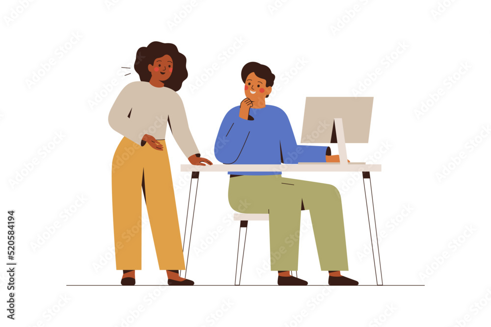 Man and woman discuss together some idea or solution. Creative colleagues work together on one project. Partners have  Business meeting or brainstorming in the office. Coworking concept. Vector