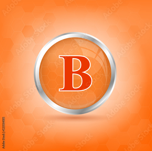 Vitamin B icon structure orange substance.  Personal care, beauty concept. Medicine health symbol of thiamine. Drug business concept. Vector Illustration. 3D Vitamin complex with chemical formula. 
