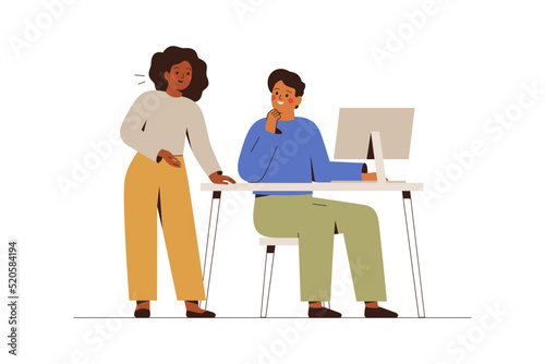 Man and woman discuss together some idea or solution. Creative colleagues work together on one project. Partners have  Business meeting or brainstorming in the office. Coworking concept. Vector