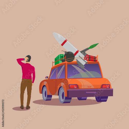 A car cartoon prepared for war. There are missiles, bombs, dynamite and rpg rocket launcher on the car. Worried and stressed man preparing for war.