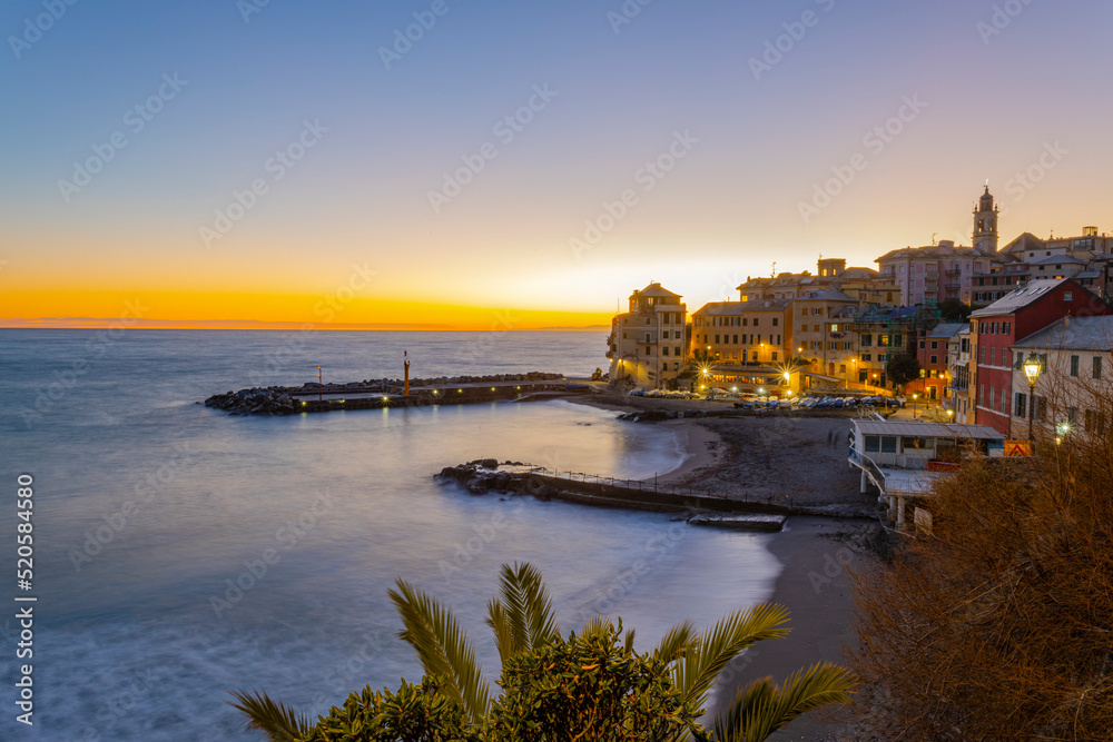View of Bogliasco, Genoa province, at sunset, Italy.
