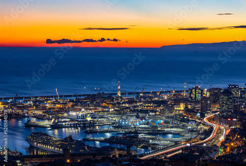 GENOA  GENOVA   ITALY  JANUARY 10  2022 - Aerial view of the city of Genoa  Genova  at dusk  Italy.