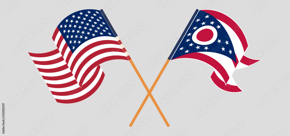 Crossed and waving flags of the USA and the State of Ohio Crossed and waving flags of the USA and the State of Ohio