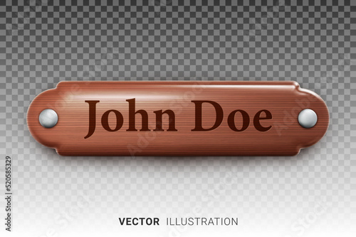 Realistic wooden nameplate. Retro style, wood texture. 3D vector illustration isolated on transparent grid