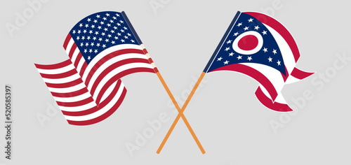 Crossed and waving flags of the USA and the State of Ohio