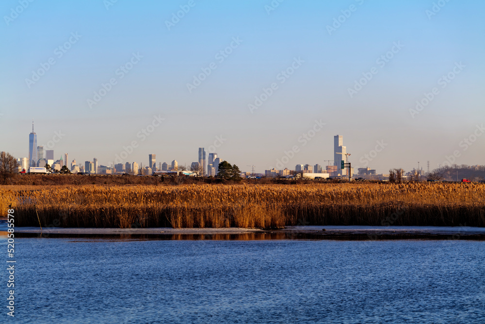 View of the New York City from Richard W. DeKorte Park. Sunny day with blue sky. Pond view. High-quality photo View of the New York City from Richard W. DeKorte Park. Sunny day with blue sky. Pond view. High-quality photo