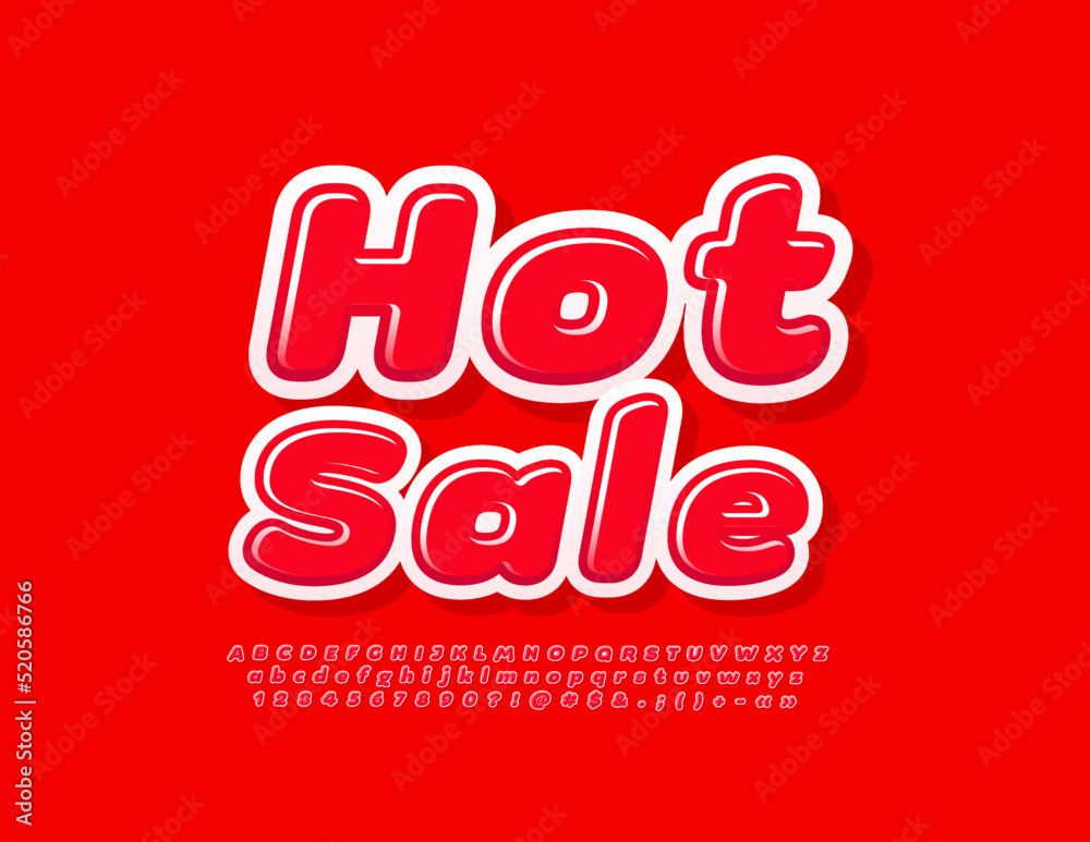 Vector advertising Poster Hot Sale. Red Glossy Font. Artistic  Alphabet Letters and Numbers