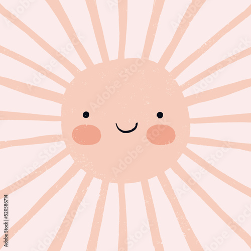 Cute Hand Drawn Nursery Vector Art with Light Blush Kawaii Style Smiling Sun on a Light Pink Background. Lovely Infantile Style Drawing ideal for Wall Art, Card, Poster, Kids' Room Decoration.