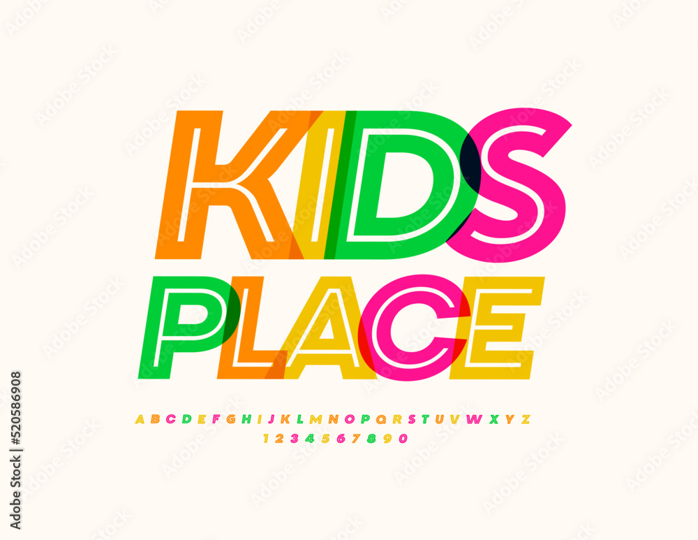 Vector colorful logo Kids Place. Trendy Bright Font. Artistic Alphabet Letters and Numbers set