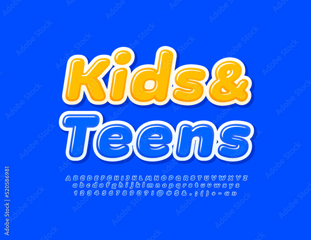 Vector cute sign Kids and Teens. Blue glossy Font. Set of creative Alphabet Letters, Numbers and Symbols set Vector cute sign Kids and Teens. Blue glossy Font. Set of creative Alphabet Letters, Numbers and Symbols set