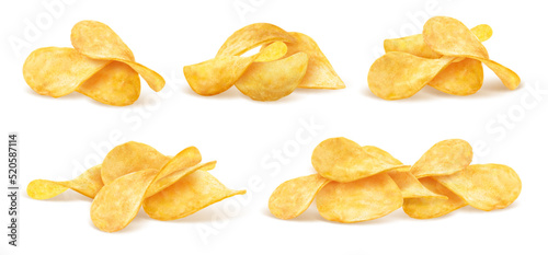 Obraz na płótnie Crispy potato chips stack, pile and heap, realistic 3D vector with crunchy wavy snack pieces bunches