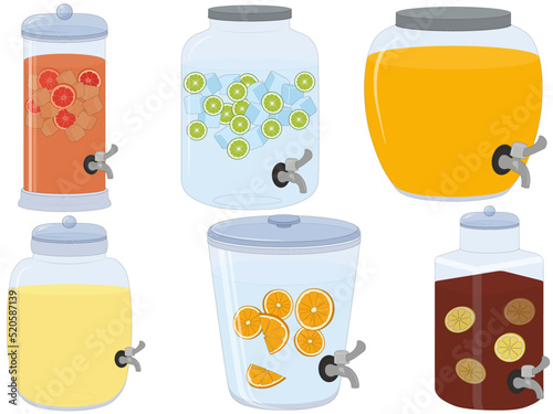 Glass drink beverage dispenser collection with cold drinks vector illustration photo