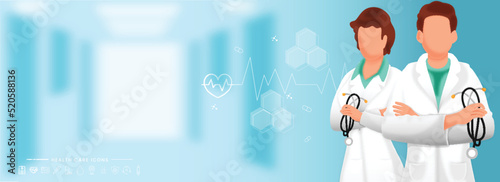 Medical Concept with Character Illustration of Doctors with Stethoscope, Header, Banner or Hero Image Concept.
