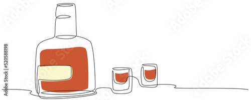 Brandy Bottle and two glasses in one line on a white background. A recipe for a friendly feast with strong alcohol. Vector illustration with home bar.