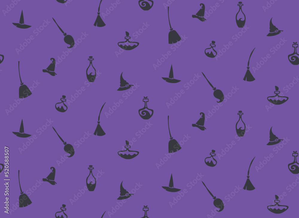 Seamless pattern with witch attributes. Halloween texture in flat style.