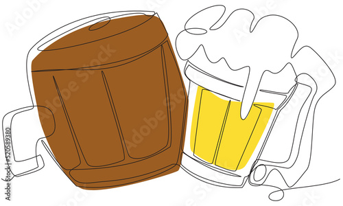 A keg and a glass with beer in one line with a colored background on a white background. Stock vector illustration of alcohol brewery.