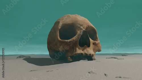 3D animation of old human skull lying in sand, CGI desert environment, camera tracking shot, low angle