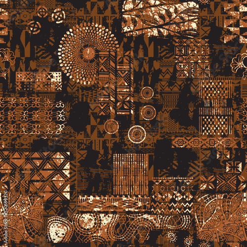 Traditional African motifs patchwork wallpaper grunge abstract vector seamless pattern