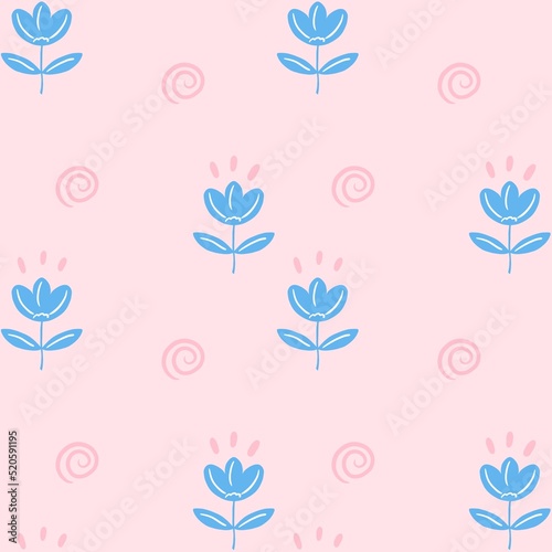 seamless pattern of cute flowers and swirls, on a pink background for printing on paper or on children's textiles