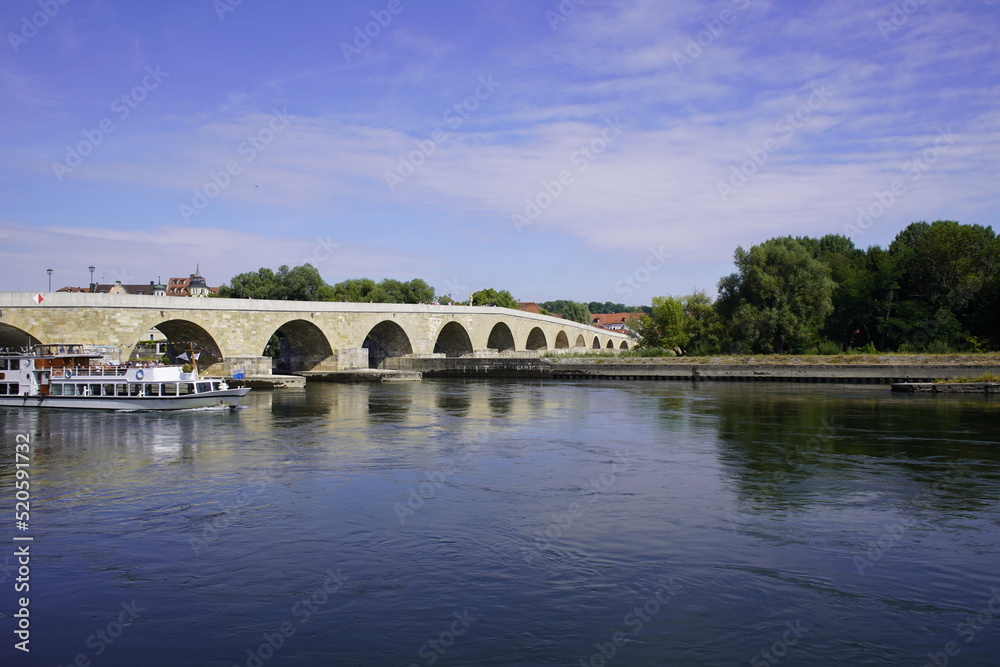 Stone Bridge Regensburg, seen from the south bank of the Danube.