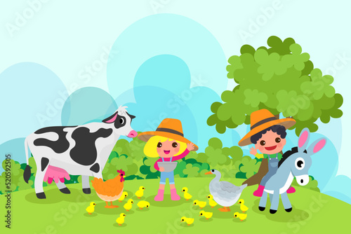 Cute animals in ranch, Farm and agriculture. illustrations of village life and objects Design for banner, layout, annual report, web, flyer, brochure, ad. © varattaya