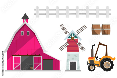 Set of farm elements. Agriculture isolated illustrations. Barn buildings, wind turbines, vehicle, tractor, barrel, fench.