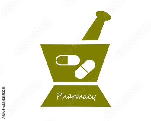 Vector design of mortar and pestle pharmacy olive green color against a white background. With capsule, pharmacy word sign.