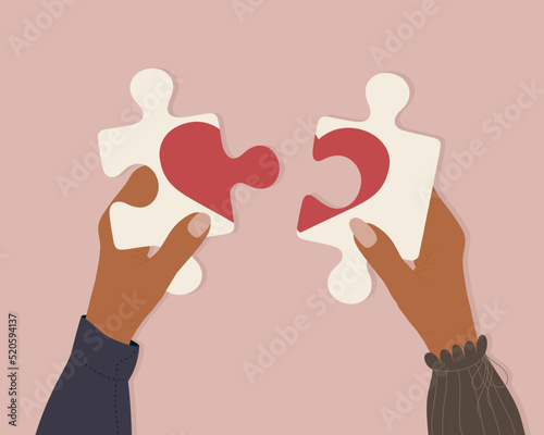 Man and woman insert small pieces of puzle into heart shaped puzzle. Concept of understanding. Young couple builds their realtionships. Concept. Vector flat cartoon illustration. Valentines day poster