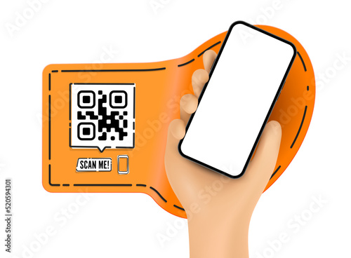 Vector cartoon hand holding the black smartphone with a QR code and scan me text - modern frameless - isolated on white background