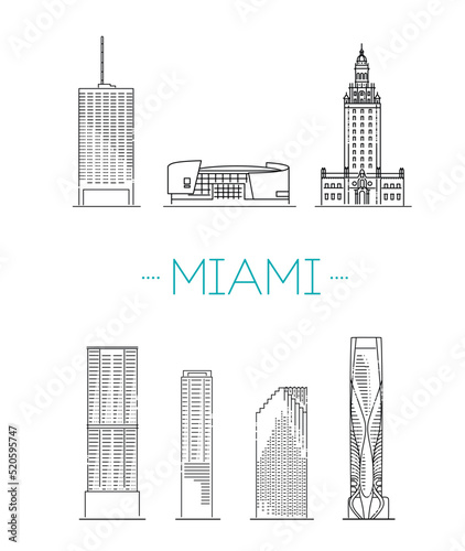 Miami, architecture line skyline illustration. Linear vector cityscape with famous landmarks